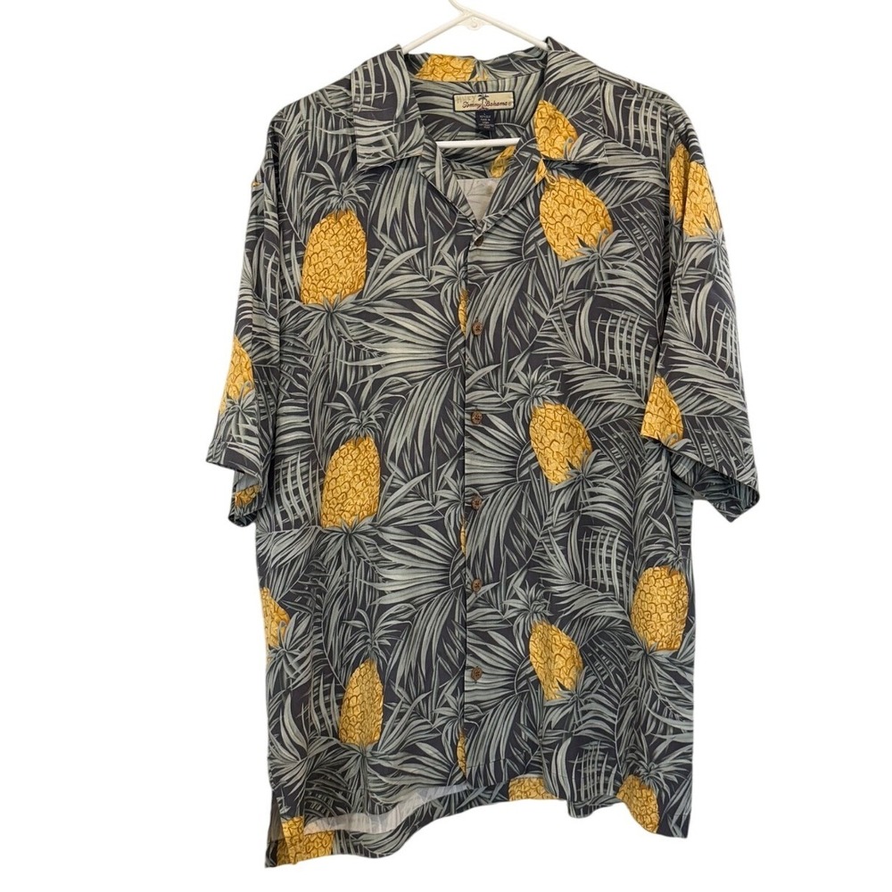 VTG Tommy Bahama Mens Large Silk Pineapple Palm Hawaiian Camp Shirt Grey Yellow
